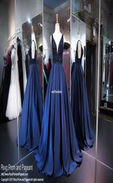 Navy Blue Prom Evening Dresses 2019 ALine Deep VNeck Major Beaded Bare Back Long Satin Formal Party Gowns Celebrity Dress9446050