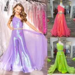 Lilac Girl Pageant Dress Jumpsuit 2023 Sequin Romper Flared Pants Organza Crystal Skirt Little Kid Birthday One-Shoulder Formal Party G 293S