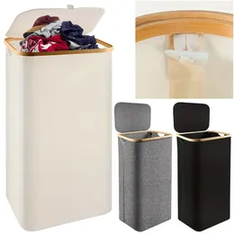 Laundry Bags Clothes Storage Basket With Lid & Inner Bag Bathroom Bamboo Handles Dirty Organiser For Bedroom
