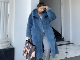 New Winter Blue Faux Mink Fur Long Coat Women Thick Fur Jacket Fashion Loose Casual Hooded Coat Teddy Coat 2010169935711