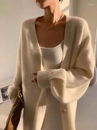 Women's Knits Korean Autumn White Casual Loose V-neck Single-breasted Women Knitted Cardigans Elegant Full Sleeve Open Stitch Sweaters Coats