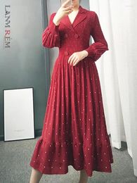 Casual Dresses LANMREM Wine Red Long Dress For Women Notched Collar Sleeves Pleated Ruffles Female Trendy Party Clothes 2DA2678