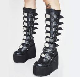Boots Brand Design Big Size 43 Black Gothic Style Cool Punk Motorcycles Female Platform Wedges High Heels Calf Women Shoes3991476