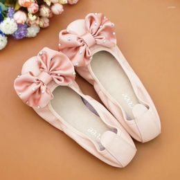 Casual Shoes Bow-knot Crytsal Solid Colour Round Head Mary Janse Women Summer Cover Heel Pink Flats Soft Sole Leather Zapatos Mujer