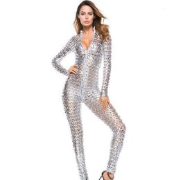 Nightclub Party Overalls Shiny Erotic Pole Dance Bodysuit Women Mesh Hole Zipper Long Sleeve Faux Leather Sexy Jumpsuit Costumes W7998809