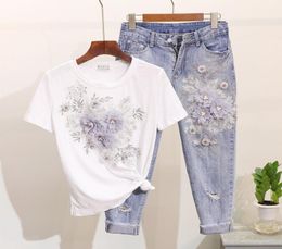 Amolapha Women Sequined Beaded 3D Flower Cotton Tshirt Calflength Jeans Clothing Sets Summer Mid Calf Jean Suits4337178