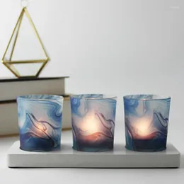 Candle Holders Nordic Blue Printed Wooden Bottom Glass Holder Three-pieces Set Modern Romantic Candlelight Dinner For Home Decoration
