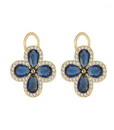 Stud Vintage Royal Clover Blue Crystal Sapphire Gemstones Diamonds Earrings For Women Gold Colour Jewellery Bijoux Party Accessorie16056069