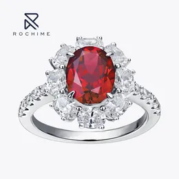 Cluster Rings Rochime Luxury Flower Oval Cut Synthetic Ruby 925 Sterling Silver Gold Plated 5a Zircon Jewellery For Women