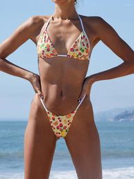 Women's Swimwear Women 2-Piece Yellow Bikini Swimsuit With Fruit Print Tie Up Round Neck Padded Bra Bottomed Beach Set