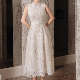 Casual Dresses Sweet Summer Women Turn-down CollarLace Embroidery Hollow Out Patchwork Fashion A-line Long Dress Vestidos