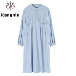 Casual Dresses Plus Size 4XL Women's Shirt Dress 2024 Spring Autumn Long Sleeve Blue Colour Ladies Vestido Loose Female Robe KE2291