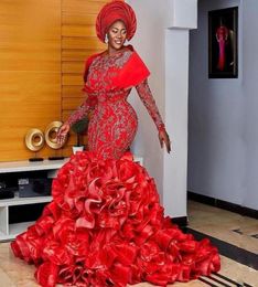 Aso Ebi Red Mermaid Evening Dresses With Ruffles Bottom Long Sleeves Appliques Bead Formal Prom Dress Plus Size robe de soire540718143095