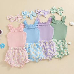 Clothing Sets Baby Girl Clothes Set Summer Solid Colour Sleeveless Ribbed Tops Daisy Print Shorts Headband 3Pcs Outfit Born Infant