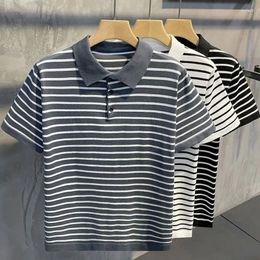 Men's Polos Retro Black And White Striped Men Knitted Polo Shirt Lapel Trend Breathable Short-sleeved T-shirt Male Casual Versatile Slim Top