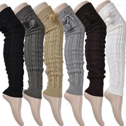 Women Socks Girls Winter Braided Cable Knit Thigh High Long Solid Colour Crochet Thermal Boots Cuff With Pompom Ball