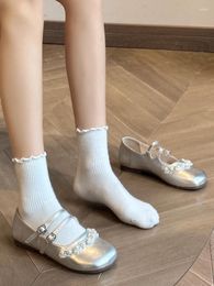 Casual Shoes Sweet Kawaii Mary Janes Women Solid French Vintage Round Toe Female Beading Korean Fashion Flat 2024 Autumn