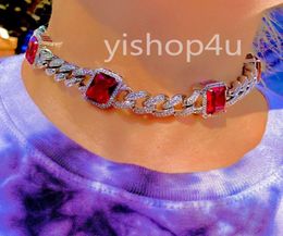 Men Women039s 13mm Miami Cuban Link Chain Red Blue Ruby Necklace 14k White Gold Diamonds Girl Friend Gift 16inch20inch2947588