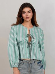 Women's Blouses Summer Female Striped Lace-up Shirt Women Babydoll Tops Loose Fitting Collared Front Tie-Up Long Sleeve Ruffled Blouse
