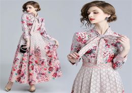 Spring Summer Fall Runway Letter Floral Print Collar Ribbon Tie Neck Long Sleeve Women Party Casual Empire Waist Maxi Dress LJ20085762975