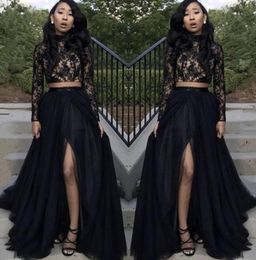 2019 New TwoPiece Evening Dresses Sexy Front Split Prom Gowns With Long Sleeve Lace Tulle Celebrity Formal Wear Black Girl Couple7289865