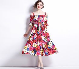 Short Sleeve Floral Party Red Dress Summer Woman Designer Sexy Suspenders Slim Pleated Prom Cocktail Dresses 2022 Runway Women Flo4618204