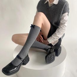 Women Socks Velvet Bow Stockings JK Lolita Sweet Girls Kawaii Knee College Style School Black White Gray Long