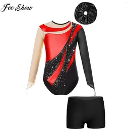 Clothing Sets 6-16Y Girls Ballet Dance Leotard Figure Skating Gymnastic Acrobatics Sports Costume Long Sleeve Bodysuit With Shorts Hair Band