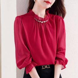 Women's Blouses Women Clothes Solid Simple Elegant Blouse Office Lady Pearl Ruffles Loose Patchwork Shirts Chiffon Lace Top Pullovers