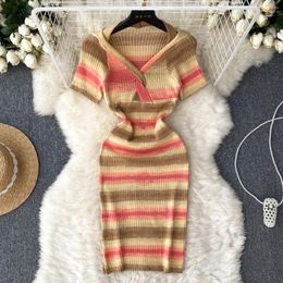 Casual Dresses Summer V-Neck Short Sleeve Knit Stripe Contrasting Colors Mini Dress Women Waist Thin Bodycon Above Knee