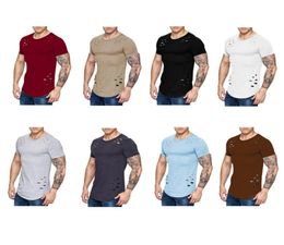 2018 New Men Ripped Solid Colour Loose Fit Crew Round Neck Tshirts Casual Hollow Out Curved Short Sleeves Top8280430