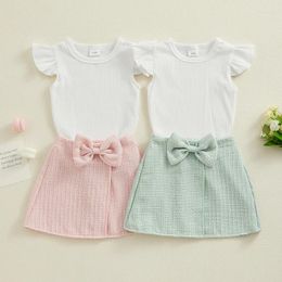 Clothing Sets 0-3Y Born Baby Girl Solid Color Sleeve Ribbed Tops With Bow Mini Skirt Spring 2PCS Outfit Toddler Clothes