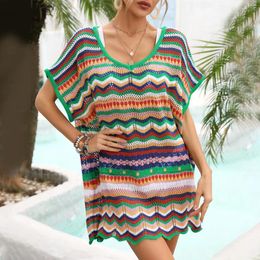 Fashion Print Bohemian Crochet Bikinis Cover Ups Women Beach Mini Dress Holiday Outfits 2024 Short Sleeve Summer Knit Up
