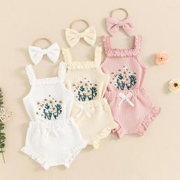 Clothing Sets Baby Girl Summer Outfits Waffle Flower Embroidered Sleeveless Romper Ruffles Shorts Headband 3Pcs Set