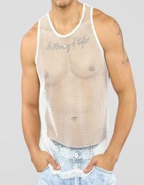 Men039s TShirts Men Sleeveless Mesh Sexy Tank Openwork Fishnet See Through Top Club Wear Male Hipster Nightclub Vest Undershir9006176