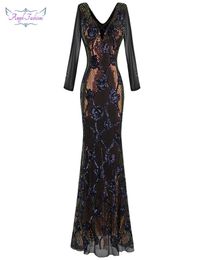 Angel-fashions Women's Deep V Neck Sequin Illusion Long Sleeves Maxi Mermaid Vintage Evening Dresses Black LJ2011232746219