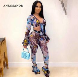 ANJAMANOR Fashion Print Sheer Mesh Sexy 2 Piece Sets Womens Club Outfits Long Sleeve Crop Top and Bell Bottom Pants D37DI20 T20086134876