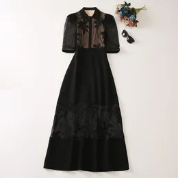 Party Dresses European And American Women's Dress 2024 Summer Style Five-quarter Sleeve Lapel Fashion Embroidered Black XXL