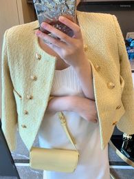 Women's Jackets Small Fragrance Women Yellow Tweed Jacket Coat Vintage Fashion Double Breasted Woollen Ladies Elegant Outerwear 2024