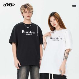 OREETA | Silver Powder Direct Spray Letter Printed T-shirt Mens Fashion Brand 2024 Spring/Summer Zipper Round Neck Casual Short sleeved