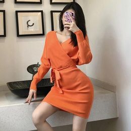 Casual Dresses Solid Colour Sexy Party Women's Clothes High Waist Knitting Street Bandage Autumn Winter Cute A Line Fashion Elegant Dress