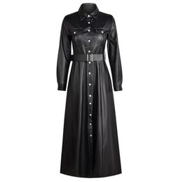 Leather Shirts Dress Casual Ladies Lapel Buttons Black PU Dresses with Belt New Spring Autumn Long Sleeve Women Maxi Dress LJ201209125877