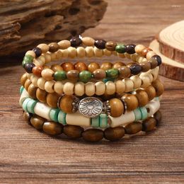 Strand Bracelet For Men Retro Art Style Small Fresh Flower Multi-piece Set Of Wood Multi-layer Personality Trend