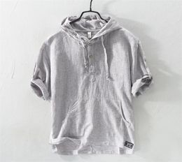 Summer Fashion Men Shirts Hooded Collar Half Sleeve Shirts Men Linen Cotton Fabric Japanese Style Casual Tee Shirt camisa hombre T9025035