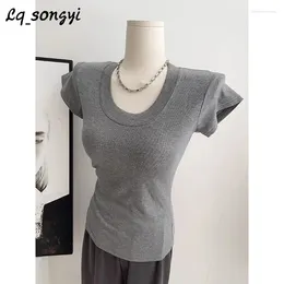 Women's T Shirts Lq_songyi Scoop Neck Sexy Slim Fit Tops Women High Strecth Tight Top 2024 Summer Short Sleeve Solid Basic Shirt