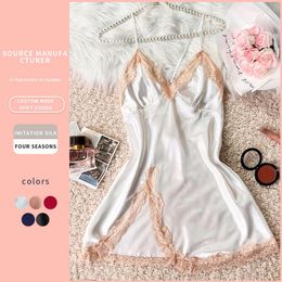 Imitation Silk Sexig spets nattklänning, Summer Thin Breattable Suspender Dress, Home Clothing, New Ice Silk Nightgown for Women