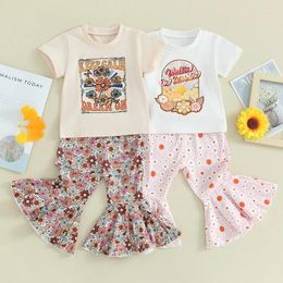 Clothing Sets Fashion Toddler Kids Baby Girls Summer Clothes Letter Flower Print Short Sleeve T-shirts Tops Flare Pants Holiday Outfits