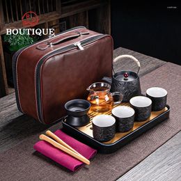 Teaware Sets Retro Black Travel Tea Set Chinese Handmade Teaset Convenient Pottery Lifting Beam Pot Ceramic Cup Gift Goo
