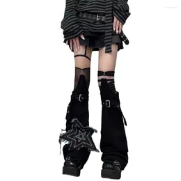 Women Socks YUYU Punk Flared Leg Warmer Sleeves Buckled Bandages Star Appliques Long Boot Cover