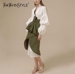 TWOTYLE Skirt Two Piece Set Female V Neck Puff Sleeve Big Size Long Dress With High Waist Lace Up Ruched Irregular Skirts 2111065267645